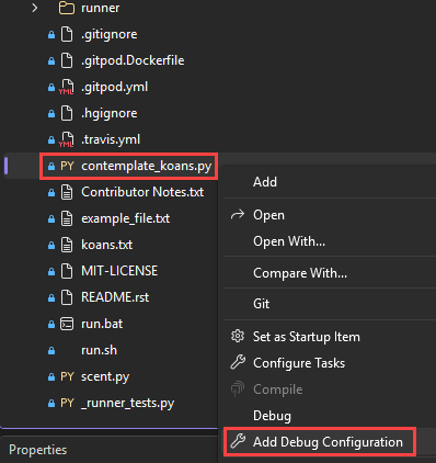 显示如何在 Visual Studio 中为所选文件选择“添加调试配置”选项的屏幕截图。