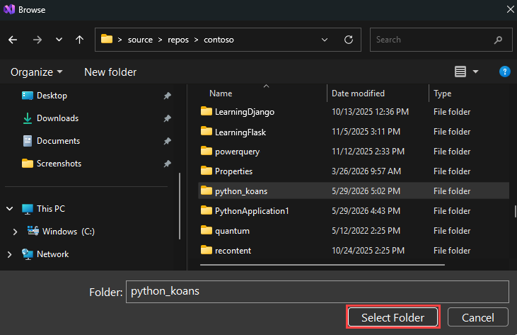 显示如何在 Visual Studio 中选择本地文件夹的屏幕截图。