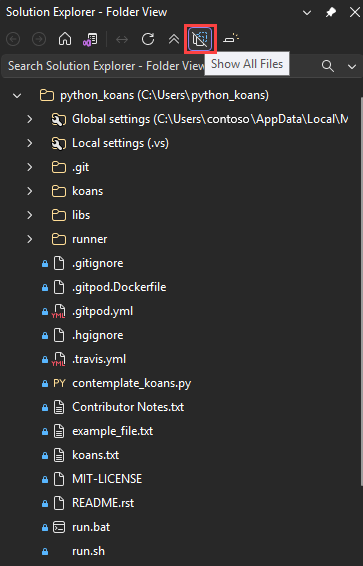 显示如何在 Visual Studio 中查看隐藏文件夹和文件的屏幕截图。