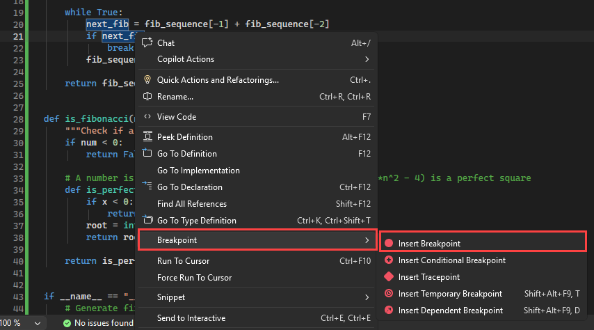 显示如何在 Visual Studio 中代码文件的左边距中显示断点的屏幕截图。