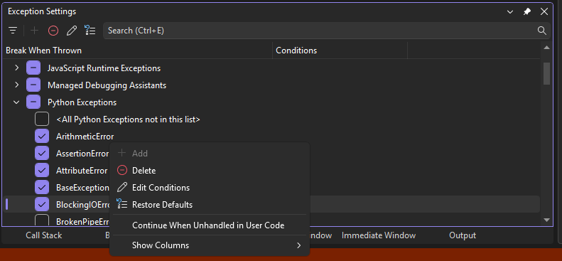 显示 Visual Studio 调试器中的“异常设置”窗口的屏幕截图。