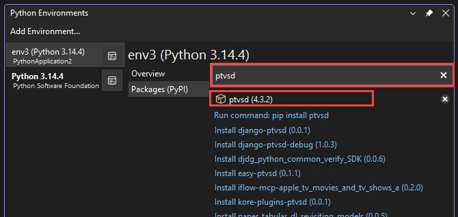 显示如何在 Python 环境窗口中检查 ptvsd 版本的屏幕截图。