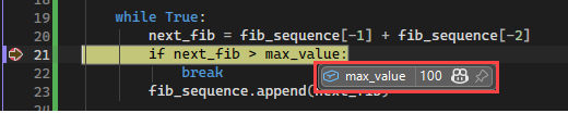 显示 Visual Studio 调试器中变量的数据提示值的屏幕截图。