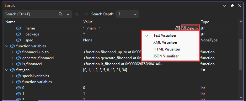 显示如何从 Visual Studio 调试器中的视图放大镜访问可视化工具的屏幕截图。
