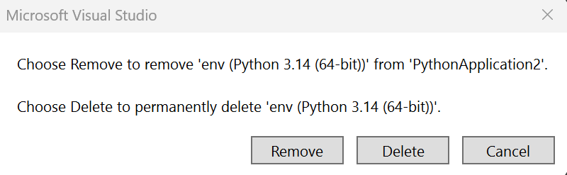 显示如何删除 Python 环境的屏幕截图。