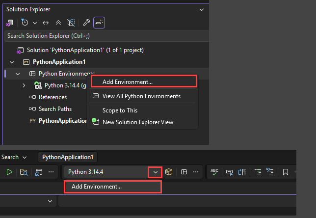 截图显示了在 Visual Studio 中访问“添加环境”功能的两种选项。