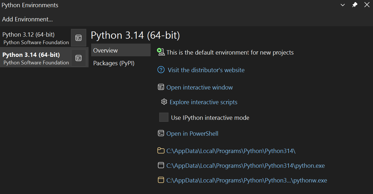 展开的 Python 环境窗口的屏幕截图。