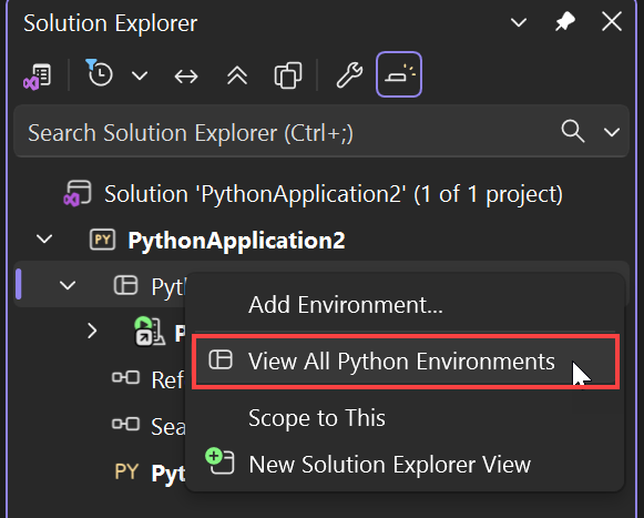 解决方案资源管理器中“查看所有 Python 环境”命令的屏幕截图。