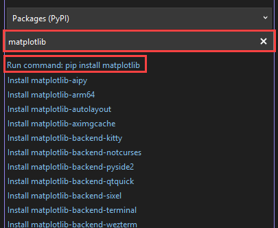 显示如何在 Visual Studio 的 Python 环境窗口中为所选环境安装 matplotlib 库的屏幕截图。