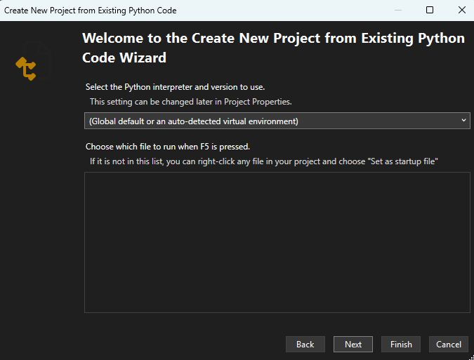 “从现有代码创建新项目”窗口的屏幕截图，包括在 Visual Studio 中选择启动文件和 Python 环境。