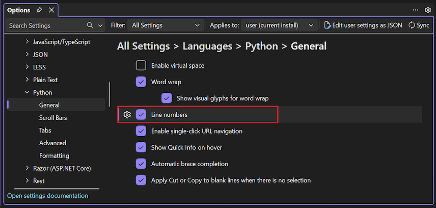 显示如何使用“语言 Python 常规行号”选项在编辑器中启用行号的屏幕截图。