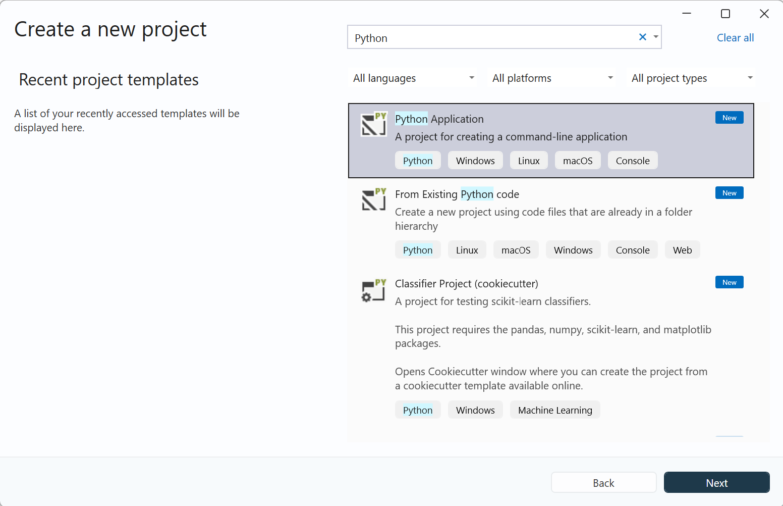 显示 Visual Studio 中的“创建新项目”对话框的屏幕截图。Python 项目模板可见。