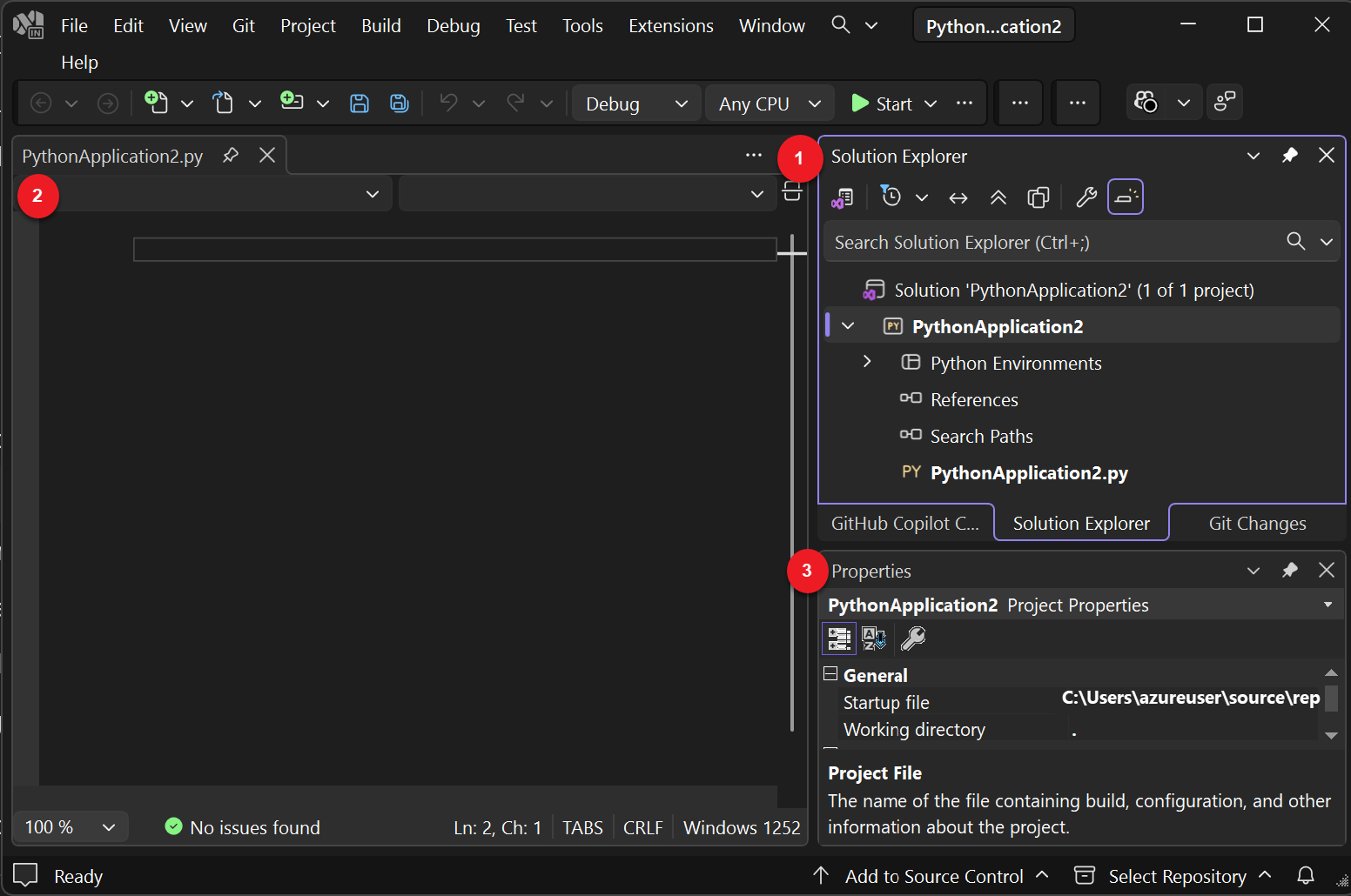 显示 Visual Studio 中打开的新项目的屏幕截图。