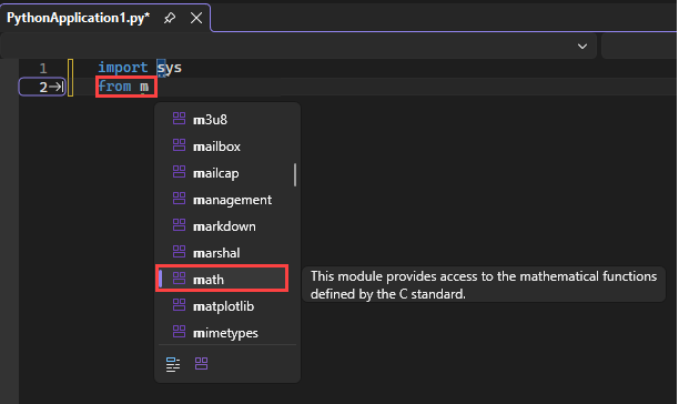 屏幕截图，显示 IntelliSense 如何在 Visual Studio 的编辑器中显示“from”语句的可用模块。