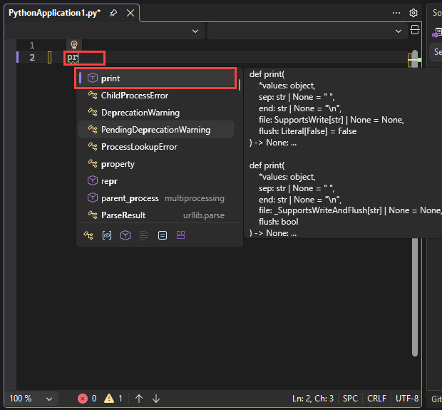 显示 Visual Studio 编辑器中的 IntelliSense 自动完成选项的屏幕截图。突出显示默认完成选项。