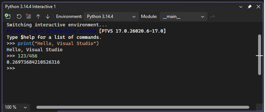 显示交互式窗口如何显示 Visual Studio 中输入的代码的即时结果的屏幕截图。