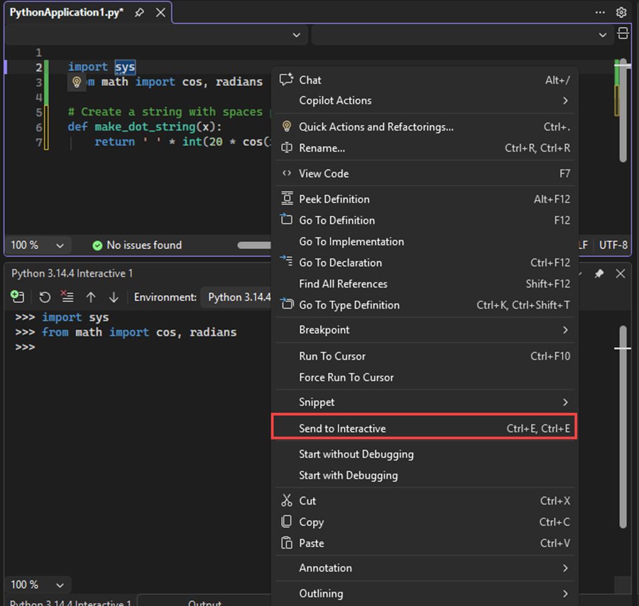 显示如何在 Visual Studio 中将导入和从语句的代码发送到交互式窗口的屏幕截图。