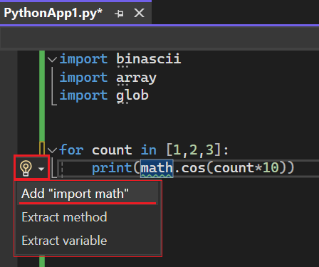 显示需要 Visual Studio 2022 中添加的导入语句的标识符的智能标记的屏幕截图。