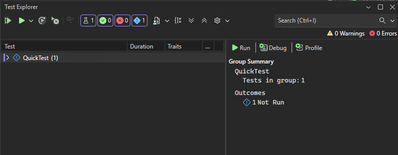 屏幕截图显示了在 Visual Studio 中运行测试之前的测试资源管理器。