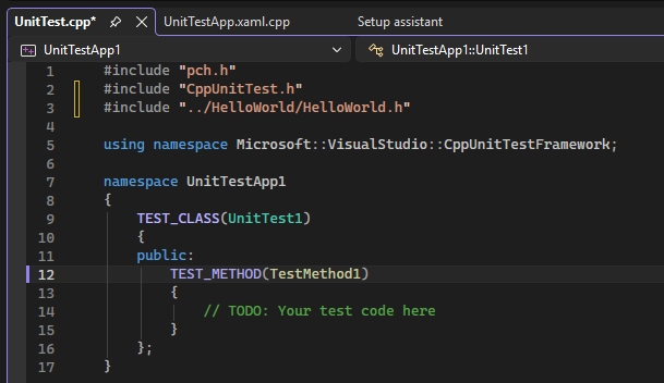 屏幕截图显示了使用 Visual Studio 中的TEST_CLASS和TEST_METHOD宏的存根类和方法。