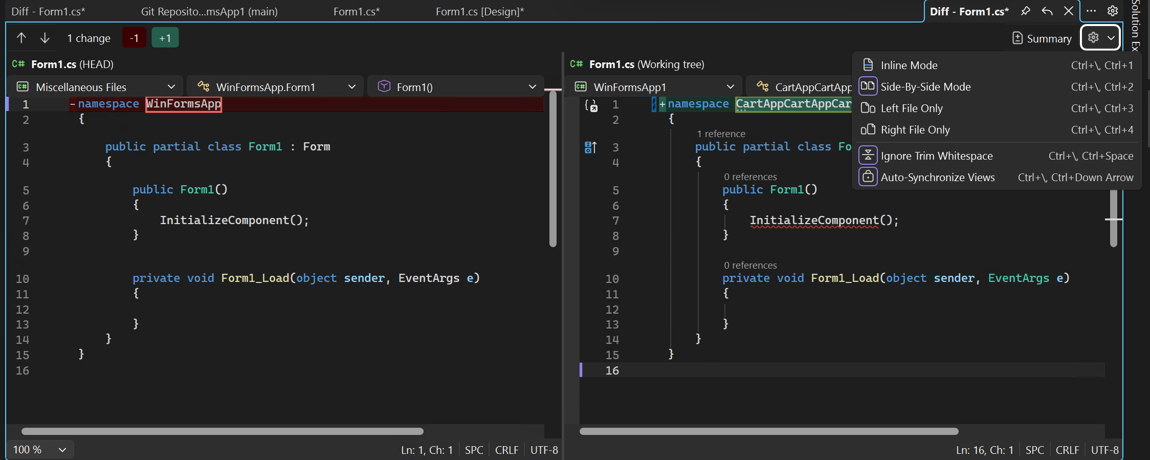 显示 Visual Studio 中文件版本的逐行比较的屏幕截图。
