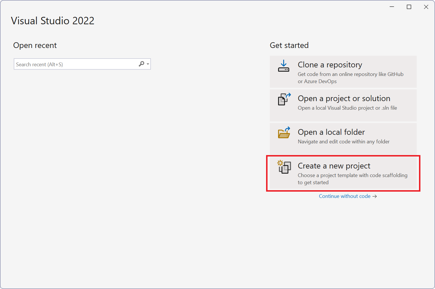  Visual Studio 开始窗口的Screenshot.